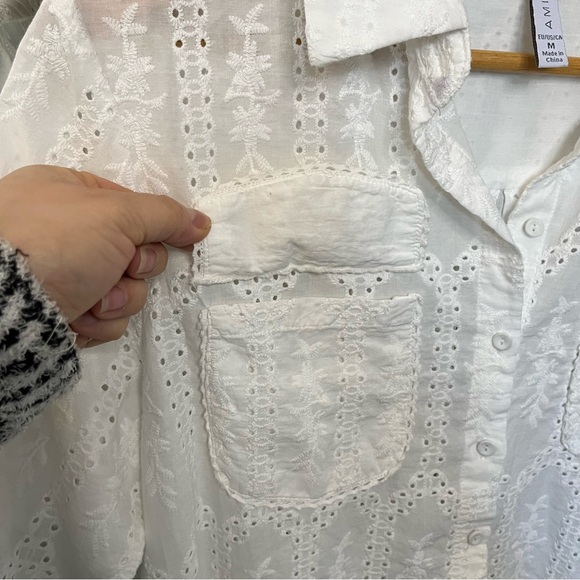 🤍 White Eyelet Embroidered Button-Up Blouse Sz M | 100% Cotton | AMISU - Picture 5 of 9